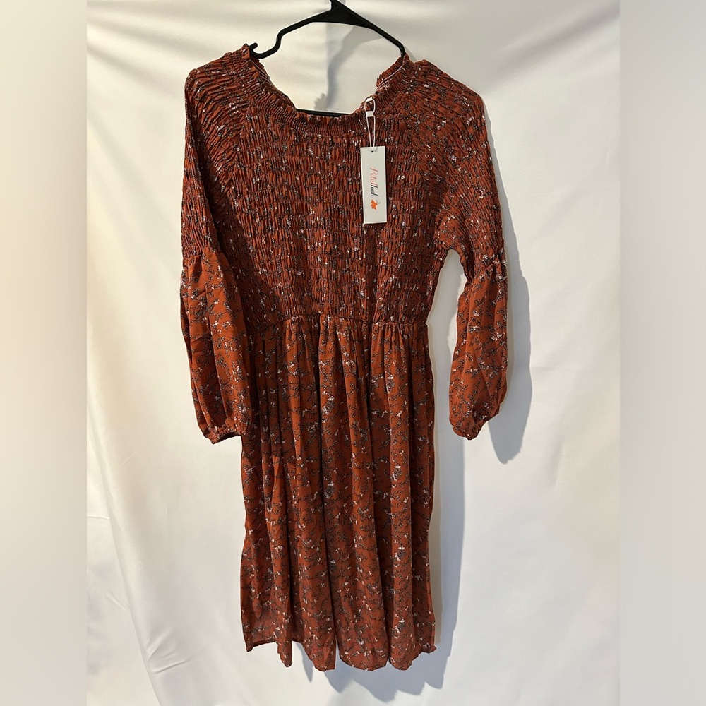 NWT Rust 3/4 Length Sleeve Polyester Knee Length Floral Dress